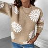 Women Autumn Winter Long Sleeve O Neck Flower Jacquard Weave Pullover Knitted Sweater Knitwear Top