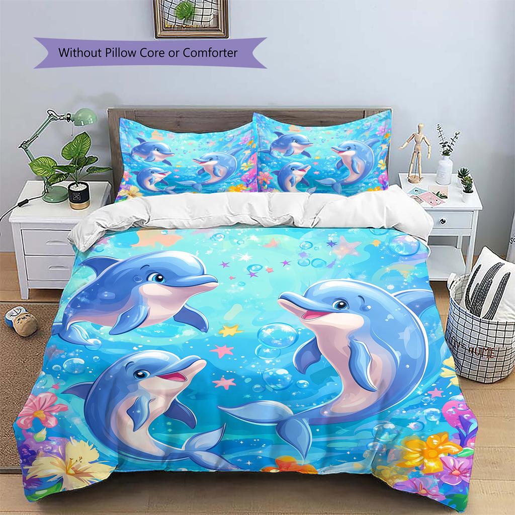 Мультяшная цветная дельфиновая постельное белье Домашний декор Подарок на день рождения (1 пододеяльник + 2 наволочки, без наполнителя)