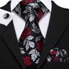 Mens Silk Ties Black Gray Floral Woven Necktie Hanky Cufflinks Set Wedding