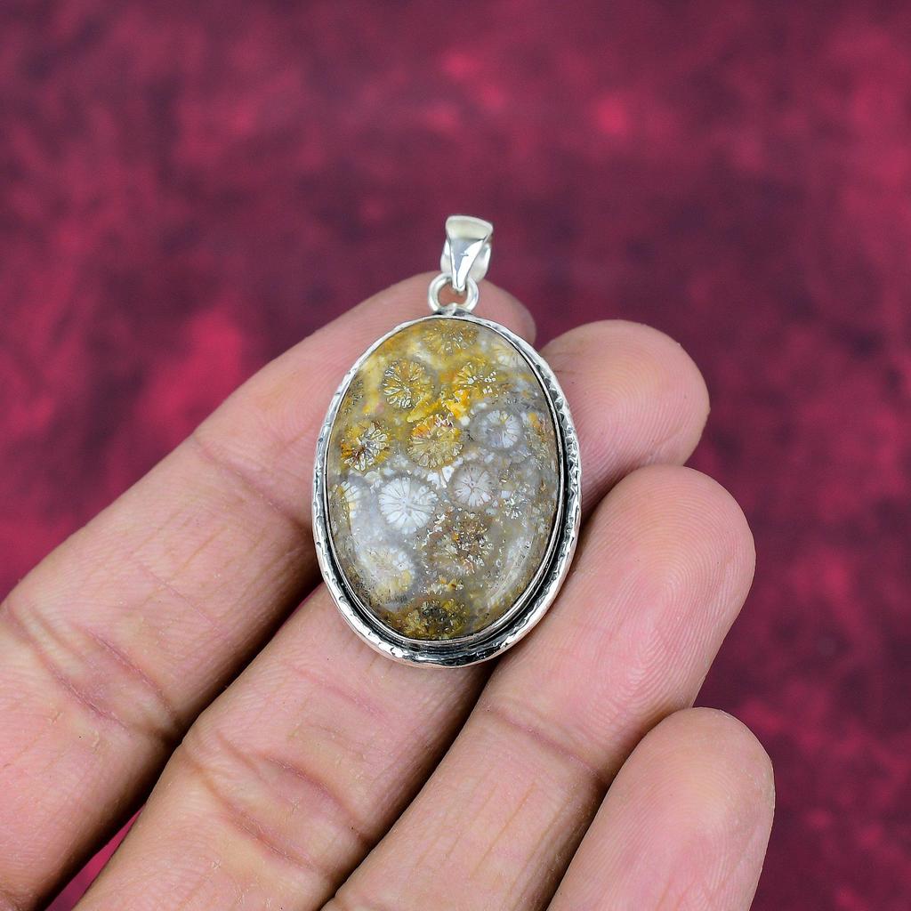 Подвеска из ископаемого коралла из стерлингового серебра 925 пробы, ювелирные изделия ручной работы с драгоценными камнями, подарки для жены, абсолютно новый ювелирный кулон