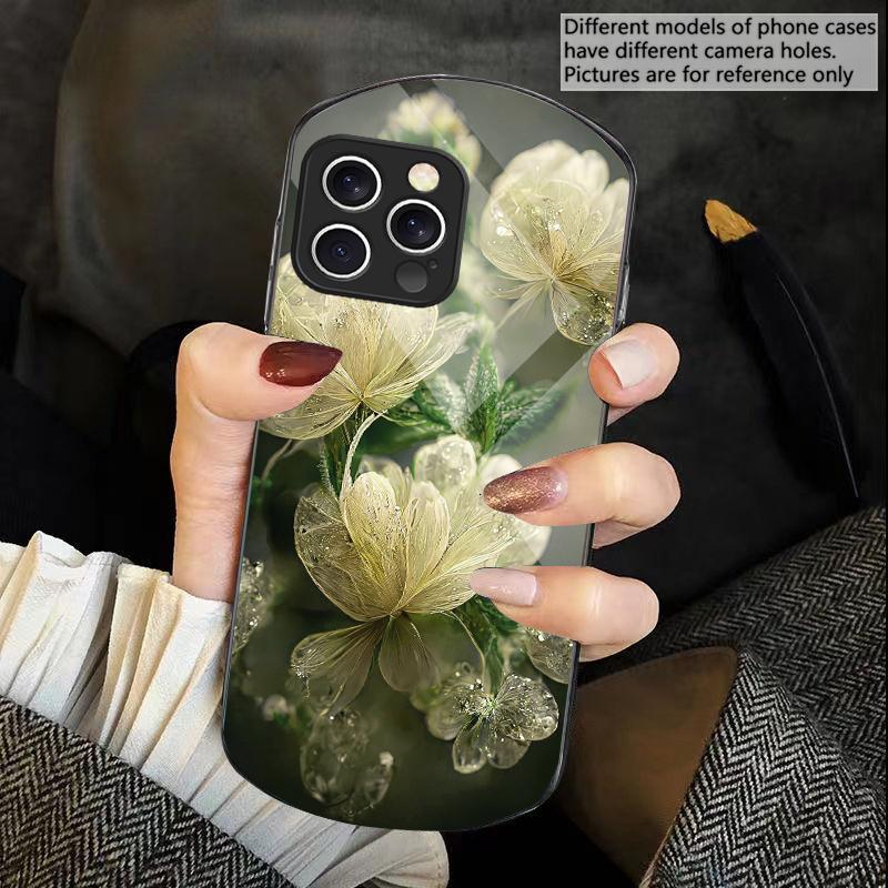 Розовый хрустальный цветок для iPhone 16 15 14 13 Plus 12 mini 11 Pro Max XR Xs X 7 8 6 6S 2022 Эллиптический закаленный стеклянный чехол для телефона