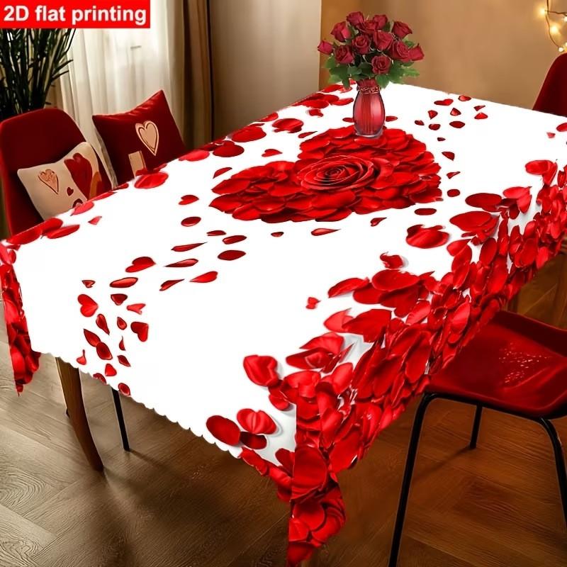 Elegant Heart-Shaped Red Rose Tablecloth Dining Table Waterproof Oil-Resistant Washable Rectangle Cover
