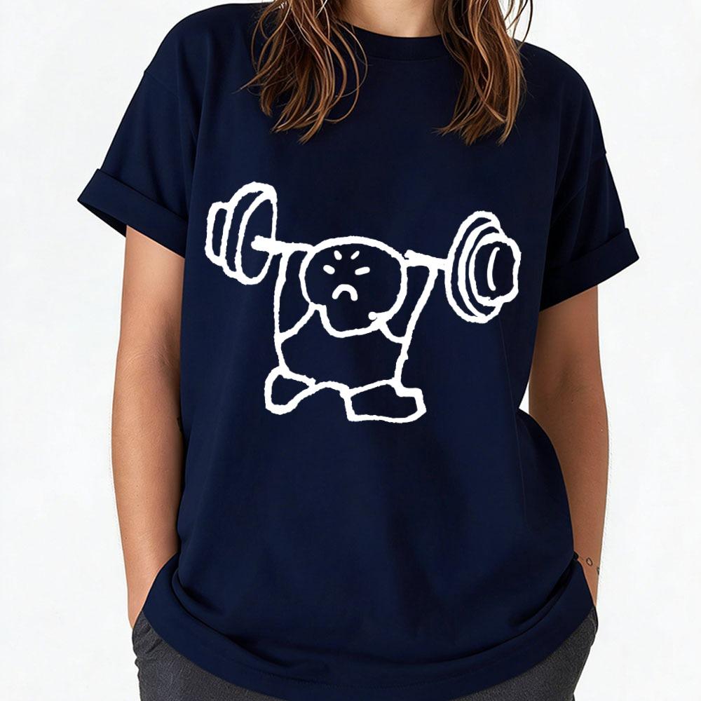 Simple Doodle Stick Figure Struggling To Lift Heavy Barbell Graphic Print Unisex Cotton T Shirt Funny Gym Weightlifting Workout