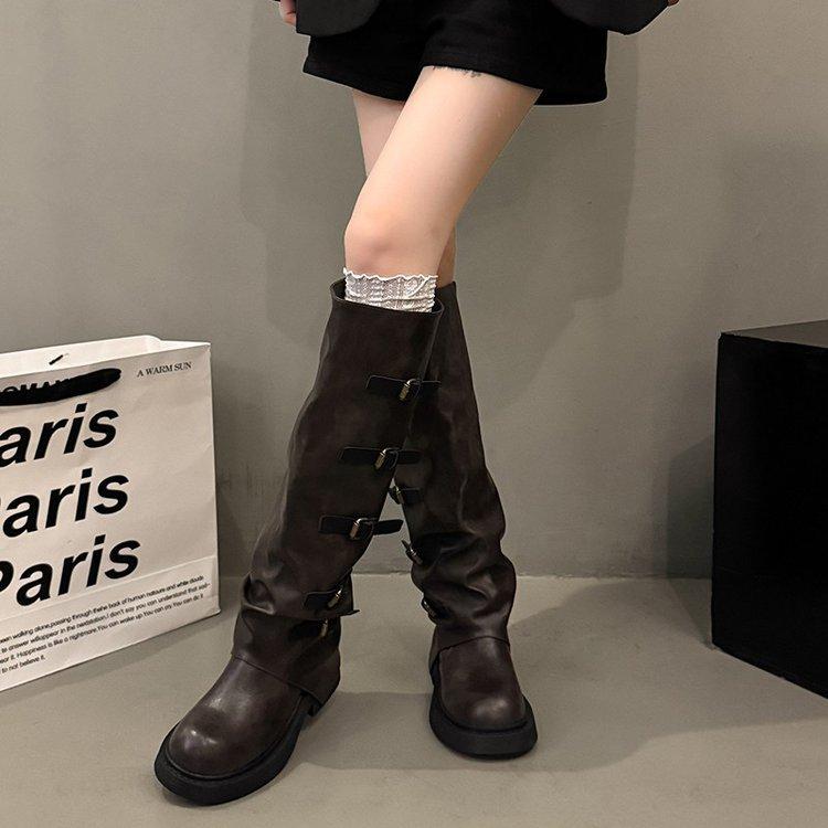 Maillard но сапоги женские 2025 новая осень ретро на наборном каблуке сапоги-трубы высокий каблук высокие рыцарские сапоги