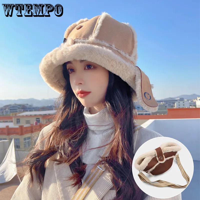 WTEMPO Solid Color Women's Winter Hairy Fisherman Hats Plush Bucket Hats Autumn Winter Plus Cashmere Warm Skiing Hats