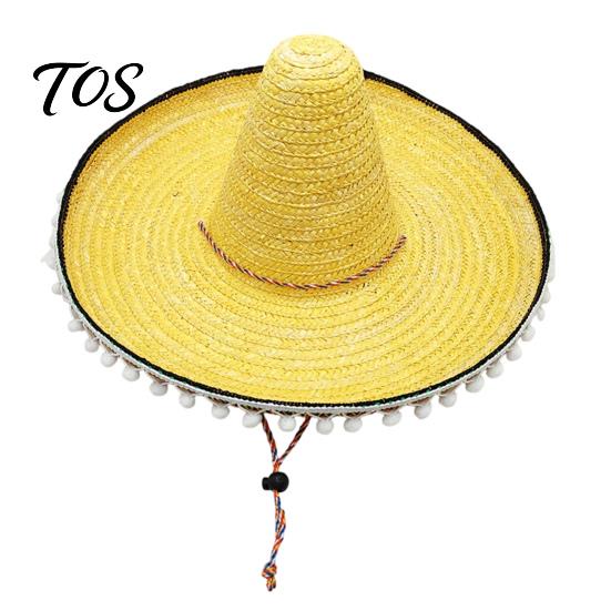 Mexican Straw Hat Sombrero with Colorful Poms, Hawaiian Style Woven Sun Hat, Wide Brim Lightweight Halloween Costume Party for Summer Beach