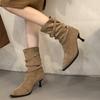 Pleated Thin Folio Single Boots Autumn New Pointed Toe Sleeve Metal Buckle Anti-Slip Wear-Resistant Short Cylinder Stack Boots