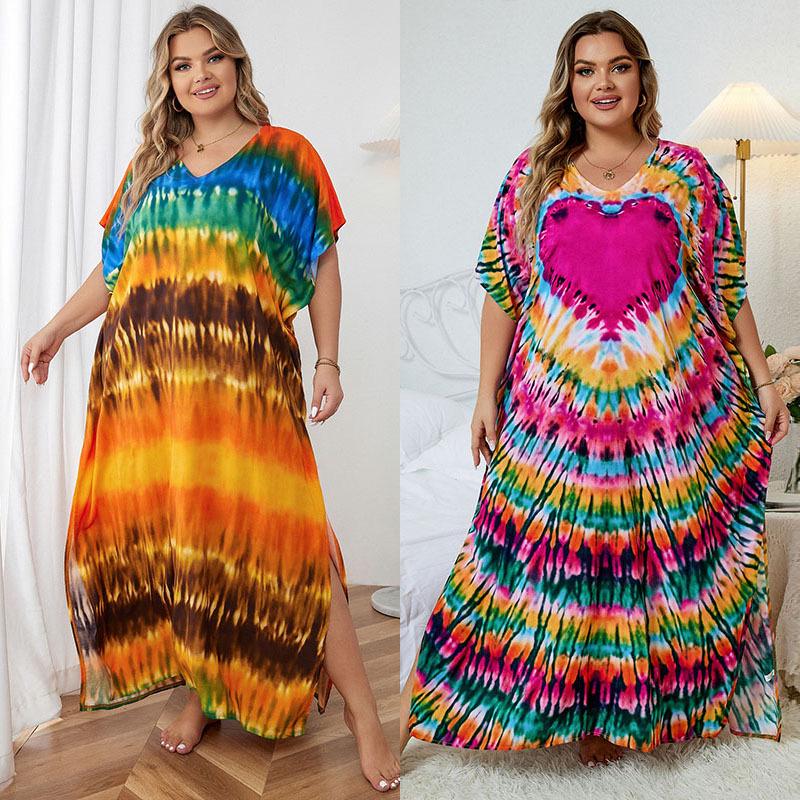 European-American Rayon Print Plus Size Beach Cover-Up Dress & Long Robe