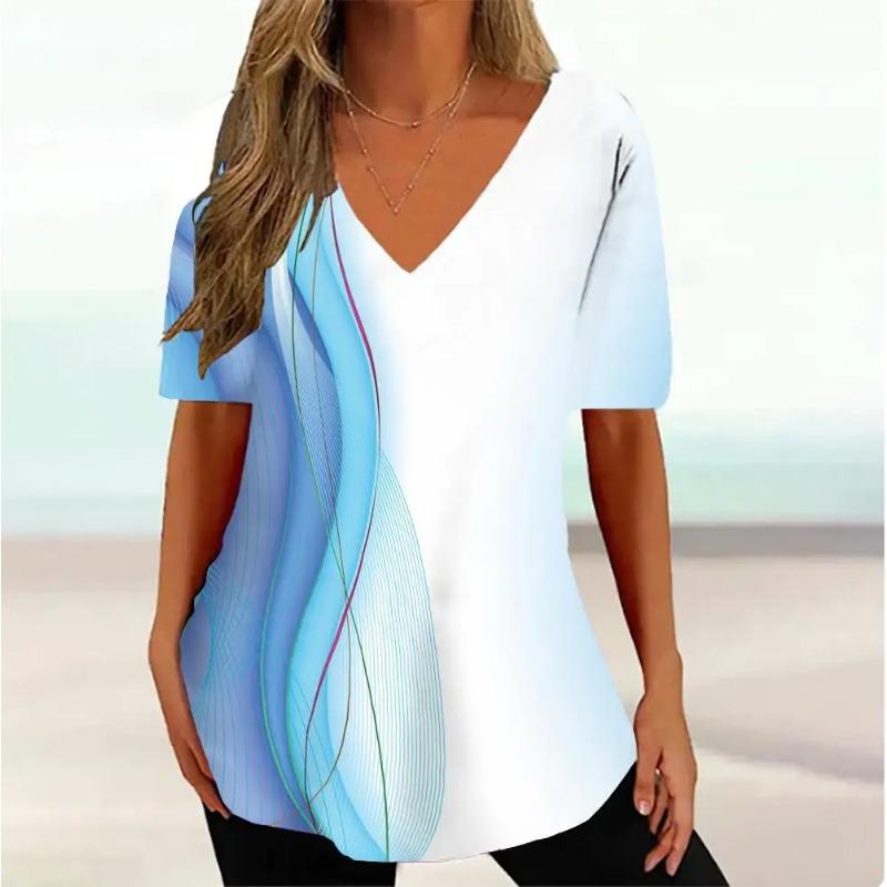 Plus Size Simple Women's T-shirt 3d Wave Curve Tee Fashion V-neck Summer Short Sleeve Loose Streetwear Female Clothes Casual Tshirt Ladies
