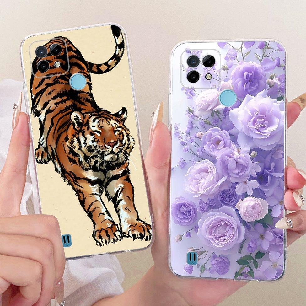 Clear Cover For Realme C21 Case RMX3201 Cute Cat Fashion Butterfly Funny Painted Phone Casing For Real me C21