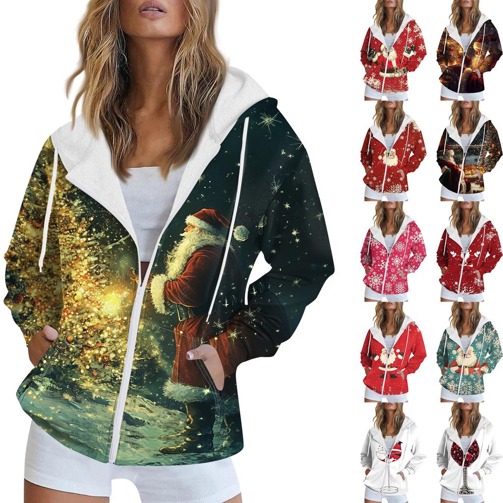 Women's Christmas Printed Sweatshirt Autumn Winter Long Sleeve Cardigan Jacket With Pockets Zipper Hoodie Outerwear