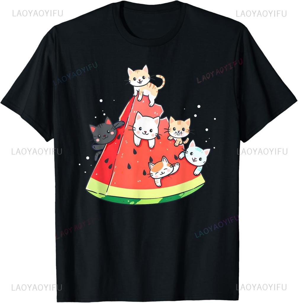 Cute Funny Cat on Watermelon Meme T Shirt Men Women ONeck Fashion Short Sleeve Tshirts Retro Harajuku Oversized Tshirt