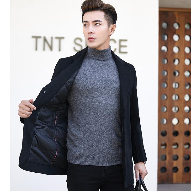 Осень и зима Новый стиль пуховая съемная подкладка двусторонняя шерстяная куртка мужская костюм воротник средней длины шерстяное пальто для мужчин
