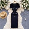 Harajuku Chic Fashion Sexy Package Hips Large Stretch Knitted Dress French New Elegant V-образным вырезом Buttons Office Lady Bodycon Dresses