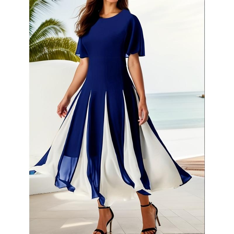 Женское цветное шифоновое платье с круглым вырезом и коротким рукавом в стиле весна-лето