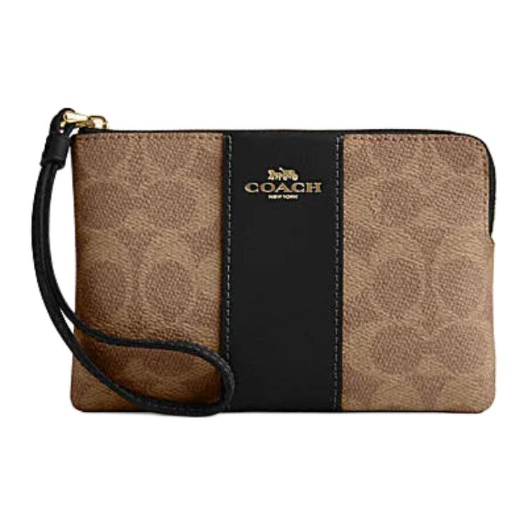 Coach Угловая молния 16 Логотип Молния Застежка Кошелек на запястье Женский кошелек на запястье Коричневый Желтый Черный CW854-IMQRX
