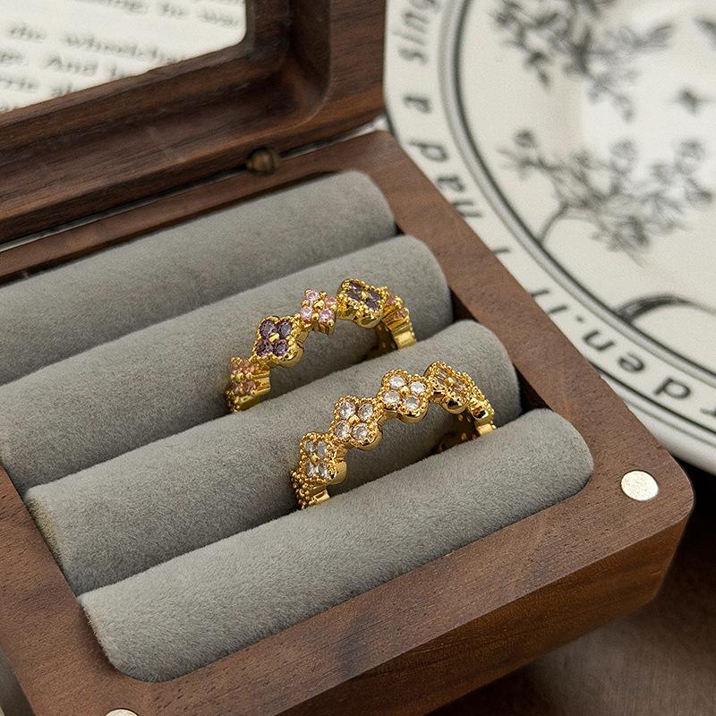 Light Luxury Retro Style Multi-Colored Flower Four-Leaf Clover Full Of Diamonds Zir*****Pen Ring Small Flower Niche Design Stacked Ring