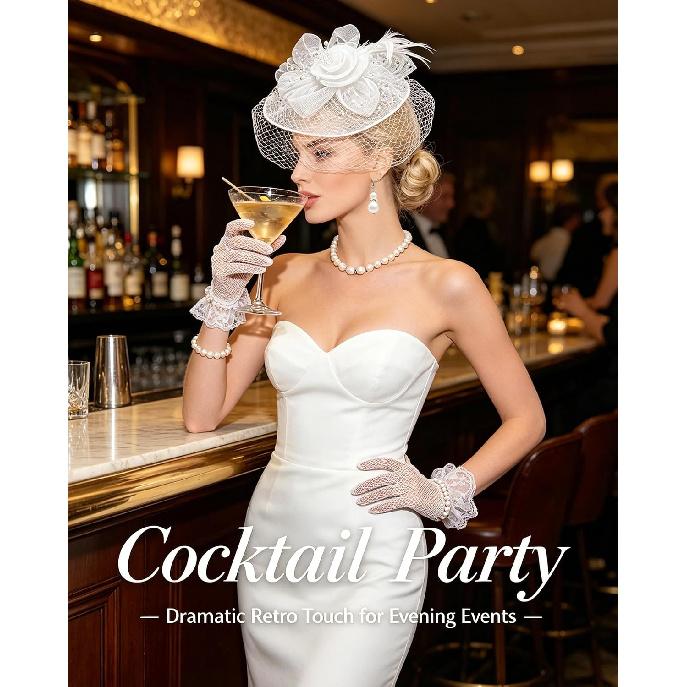 1920s Fascinators Hat for Women Tea Party Veil Mesh Headband Lace Gloves Set for Women Veil Tea Party Hats