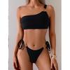 One Shoulder Slim Fit Two Piece Swimsuit For Swimming, Solid Color Summer Beach Swimwear Bathing Suit For Women