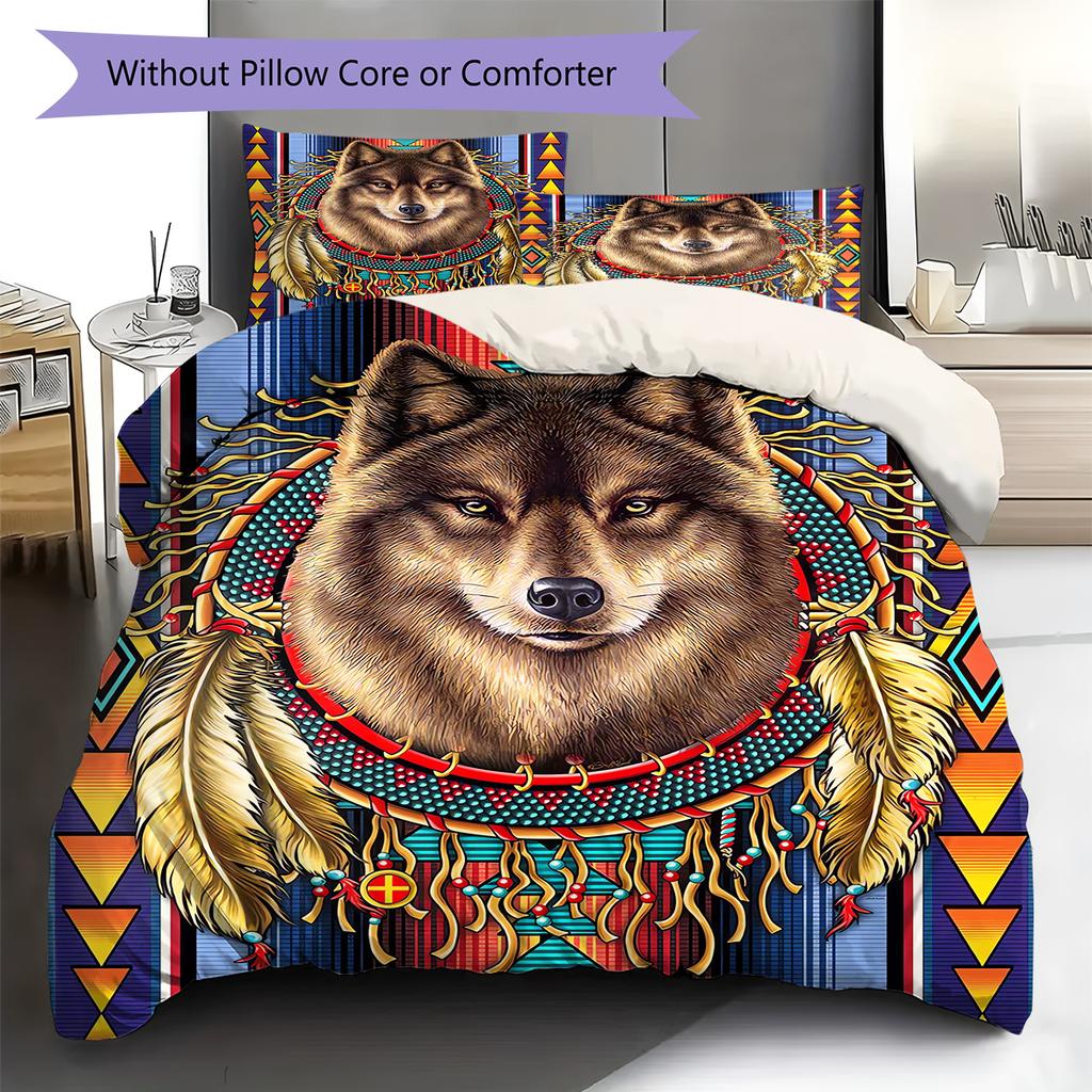 Natvie Wolf Pattern Bedding Quilt Set Quilt Cover Pillowcase Home Decoration Birthday Gift (1 * duvet cover + 2 * pillowcase, without core)