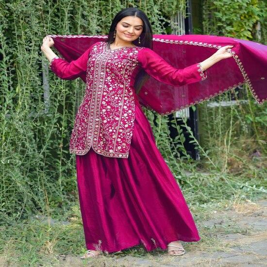 Vibrant Magenta Embroidered Sharara Suit with Intricate Work