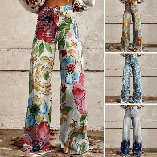 Women Jeans Button Zipper Fly Straight Leg Denim Pants with Pockets Digital Flower Print Long Trousers Streetwear