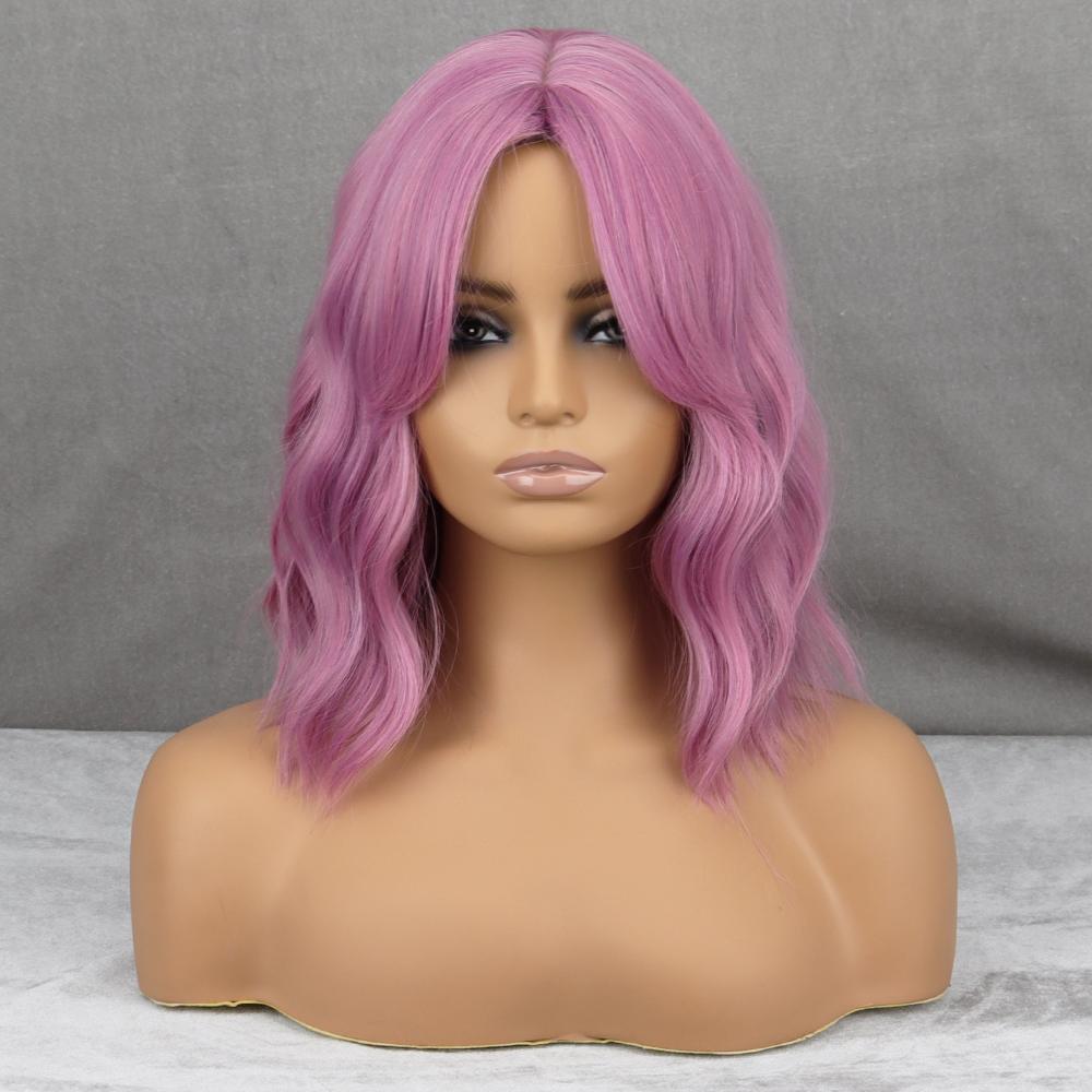 MISS WIG Фиолетовый волнистый парик из синтетического термостойкого волокна для женщин с челкой, черный, розовый, коричневый, косплей, повседневный парик