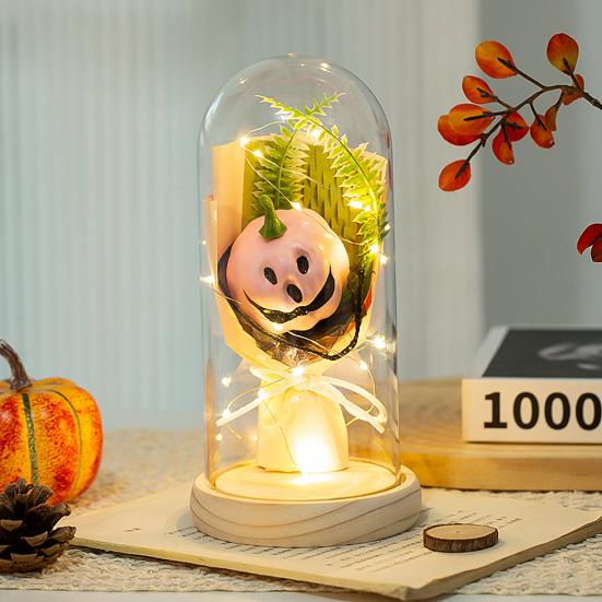 Halloween Light Up Pumpkin In Clear Cloche Handmade Glowing Pumpkin Light for Home Kitchen Mantel Tabletop Indoor Halloween Decoration