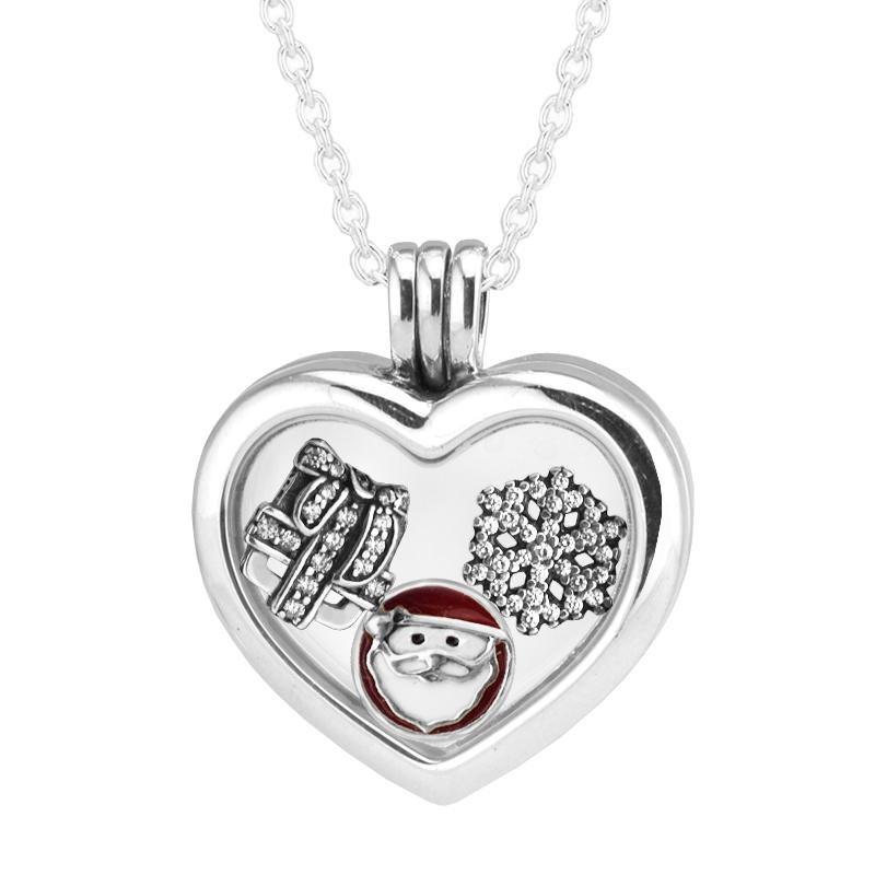 Floating Locket Heart Necklaces 925 Sterling Silver Jewelry Pendants with 3 Inner Parts Christmas Petite Charms
