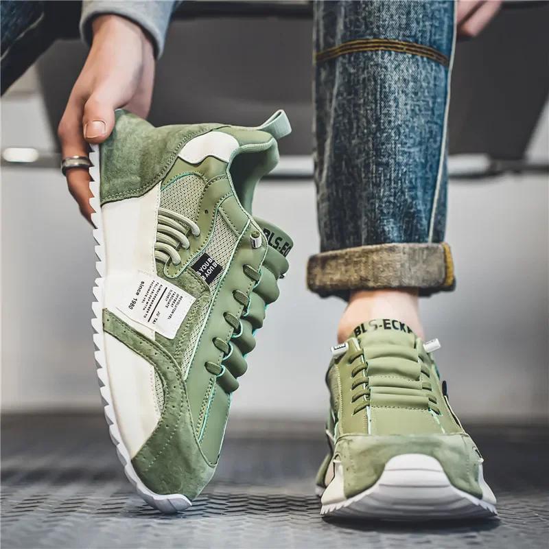 2024 Fashion Casual Breathable Leather Mesh Increased Thick Platform Designer Shoe Color Block Chunky Sneakers Men Running Shoes