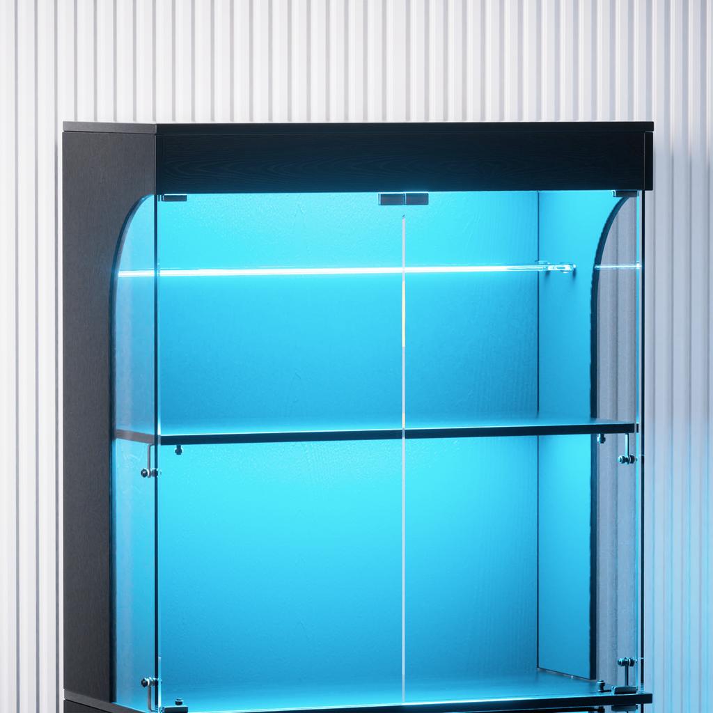 Four-tier glass display cabinet, storage, LED lighting, glass doors, smart sensors, dustproof, for living room, bedroom, offices. Black. 80*35*165cm