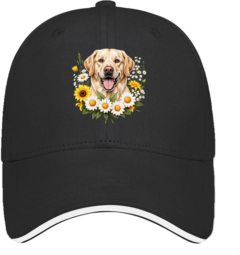 Labrador Dog Sunflower Daisy Floral Print Baseball Cap Unisex Polyester Adjustable Outdoor Hat