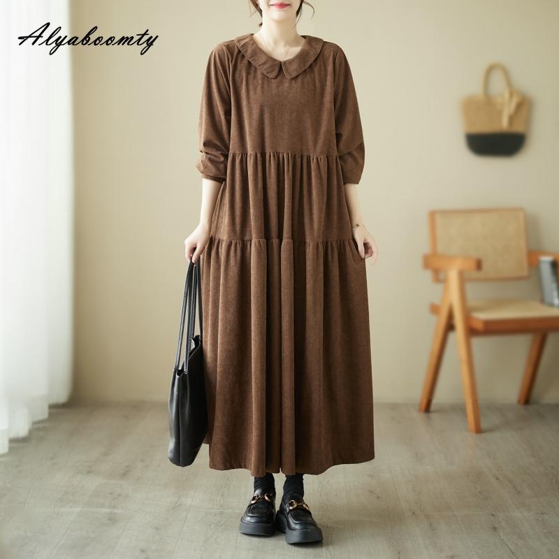 Плюс размер осень-весна женское платье большого размера с воротником Питера Пэна черно-зеленое кофейное повседневное свободное платье винтажное вельветовое платье с длинным рукавом
