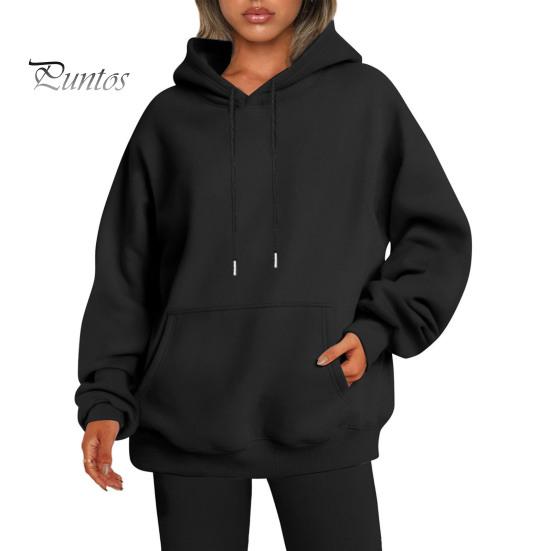 Women Fall Winter Hoodie Thick Hooded Long Sleeves with Big Pocket Plus Size Mid Length Solid Color Loose Elastic Cuffs Drawstring Sport Top