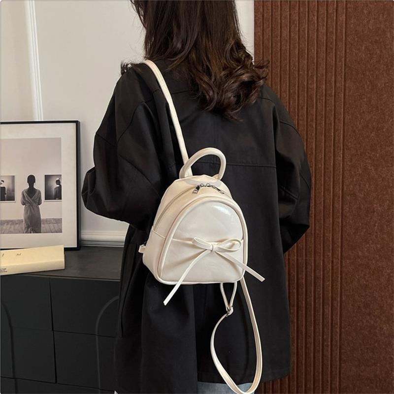 Cute Bow Solid Zipper Pu Backpack Women'S Simple Waterproof Bag Large Capacity Travel Backpack Girly Student School Bags