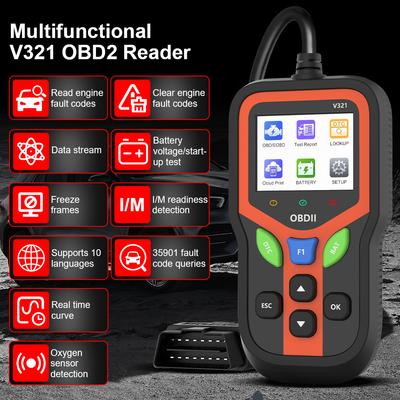 Универсальный сканер кодов неисправностей V321 OBD II Тестер аккумулятора Проверка системы двигателя Автомобильные диагностические инструменты OBD2 Считыватель кодов