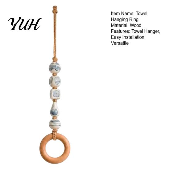 Functional Laundry Room Towel Loop Beaded Hanger with Wooden Ring, Farmhouse Rustic Hand Holder, Versatile Rack for Entryway Decorative Wall