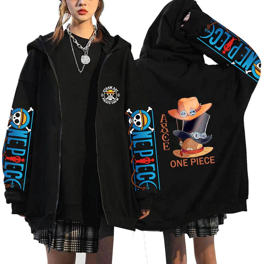 Толстовка на молнии с капюшоном One Piece, спереди логотип Соломенной Шляпы, на рукавах принты One Piece, сзади Айс, Сабо, Луффи, три шляпы сложены вместе, с надписью ASCE, оверсайз, для фанатов аниме, на молнии