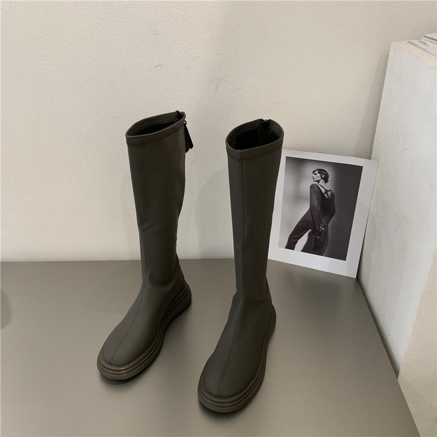 Круглый носок зимняя обувь до колена с высоким голенищем из кожи длинные элегантные туфли на низком каблуке для женщин женские сапоги белые по акции pu