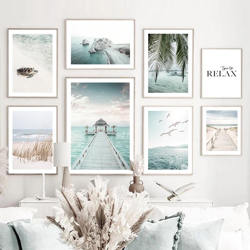 Bridge Leaves Turtle Seagull Wall Art Print Painting Beach Sea Ocean Canvas Poster Vibrant Summer Picture Nordic Home Decoration