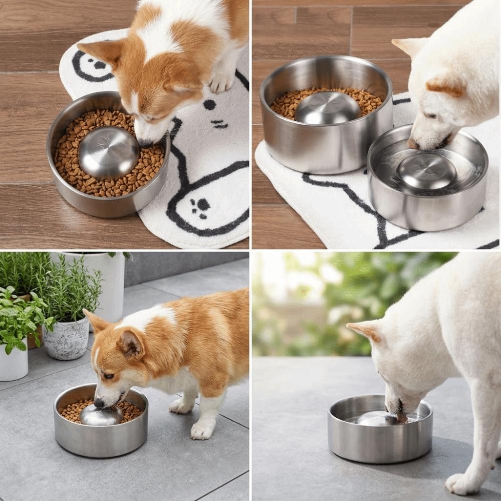 304 Metal Material Dog Bowl Double Layer Anti-Slip Bottom Pet Feeding Bowl Round Shape Large Capacity Slow Feeder Bowl