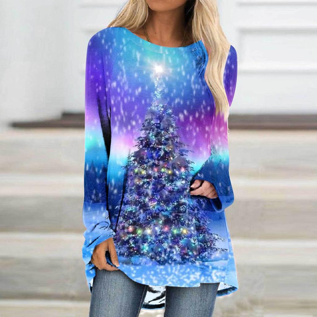 Рождественская елка 3D Принт Длинный рукав Футболка Женская мода Круглый вырез Длинная туника Топы Женщины Осенний рождественский подарок Футболка Femme Топы