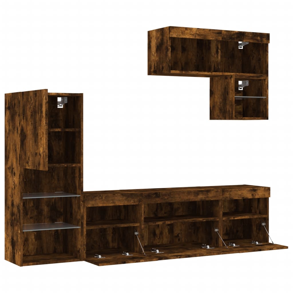 6 piece living wall unit with LED lighting smoked oak wood based material