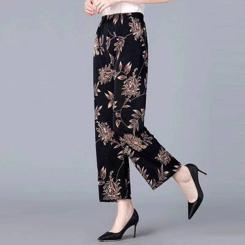 Women Summer Ice Silk Floral Printed Wide Leg Pants Elastic High Waist Casual Loose Cropped Pants