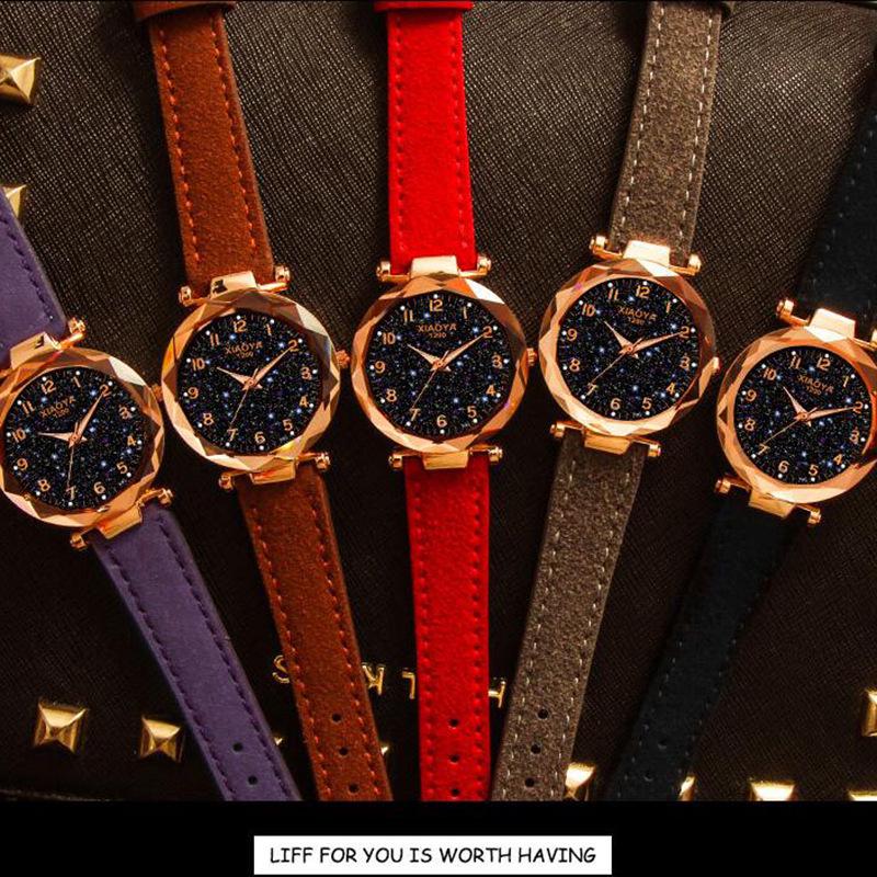 Women Luxury Watch Personality Romantic Luminous Starry Sky Wristwatch Leather Rhinestone Watch