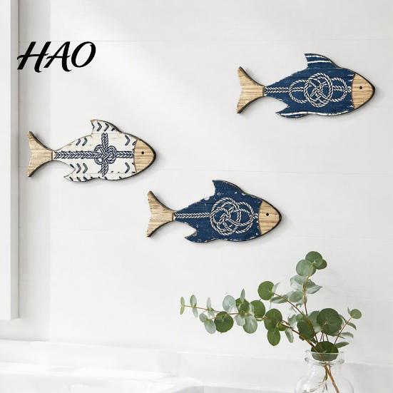 Nautical Bathroom Accessories 3Pcs/Set Wooden Fish Wall Decor, Knot Print Decorations, Coastal Rustic Wood Decor Style Art for Beach House Home