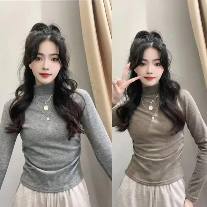 Autumn and Winter Thickened Velvet Half Turtleneck Versatile Bottoming Shirt with Slim Fit Short Warm T-shirt Tight Top