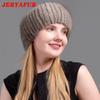 JERYAFUR Ladies Winter Knitted Leather Straw Hat Real Mink Scarf Hat Stretch Luxury Mink Empty Top Hat