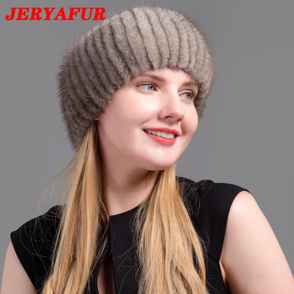 JERYAFUR Ladies Winter Knitted Leather Straw Hat Real Mink Scarf Hat Stretch Luxury Mink Empty Top Hat