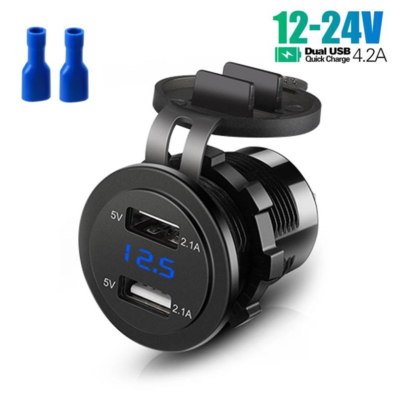 Двойной USB 4.2A для автомобиля, лодки, мотоцикла, трактора, прикуривателя, модифицированное автомобильное зарядное устройство, быстрая зарядка с дисплеем напряжения, зеленый свет 12-24 В, универсальное